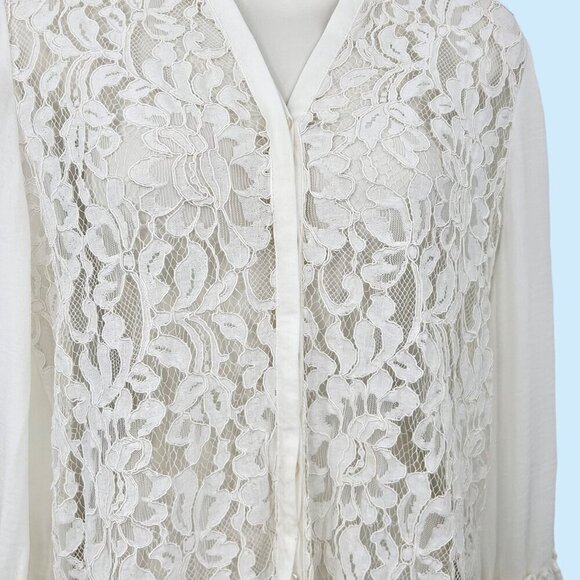 CHICO'S LS LACE FRONT BELLE SLEEVE BUTTONDOWN BLOUSE TOP - SMALL, 0 - Picture 2 of 5